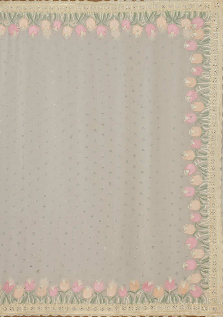 Cream Sequins Georgette Saree-Koskii