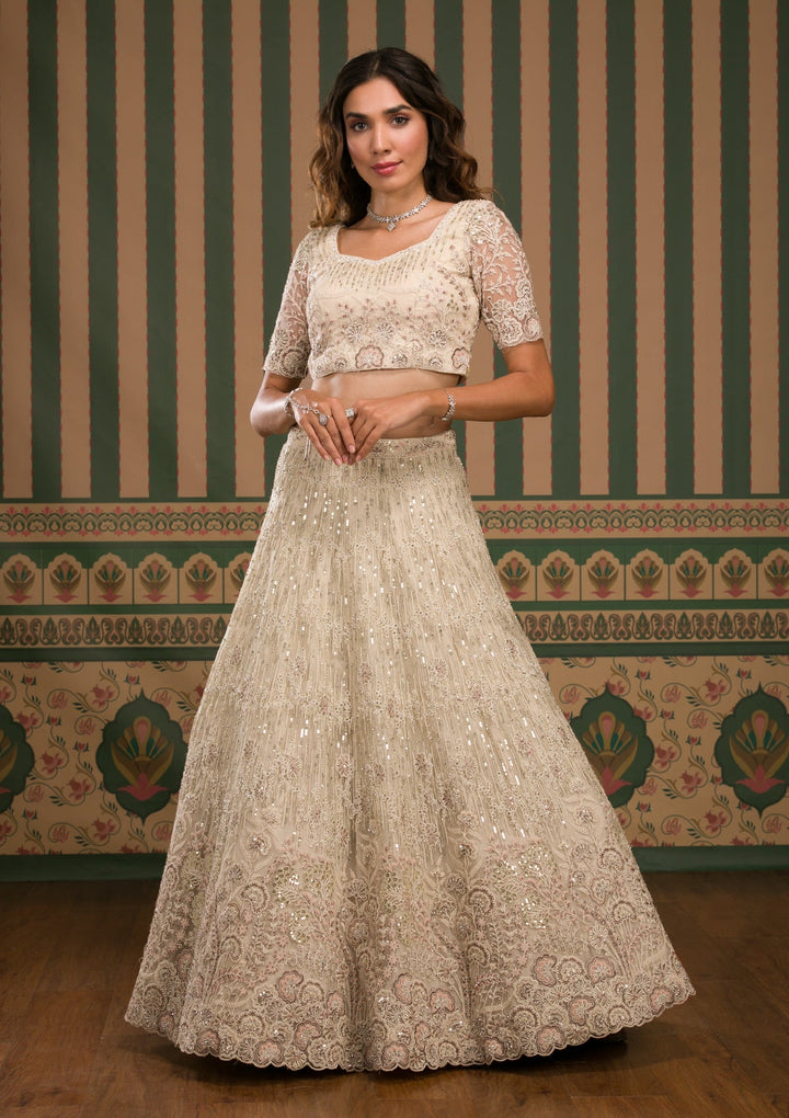 Cream Sequins Net Semi Stitched Lehenga