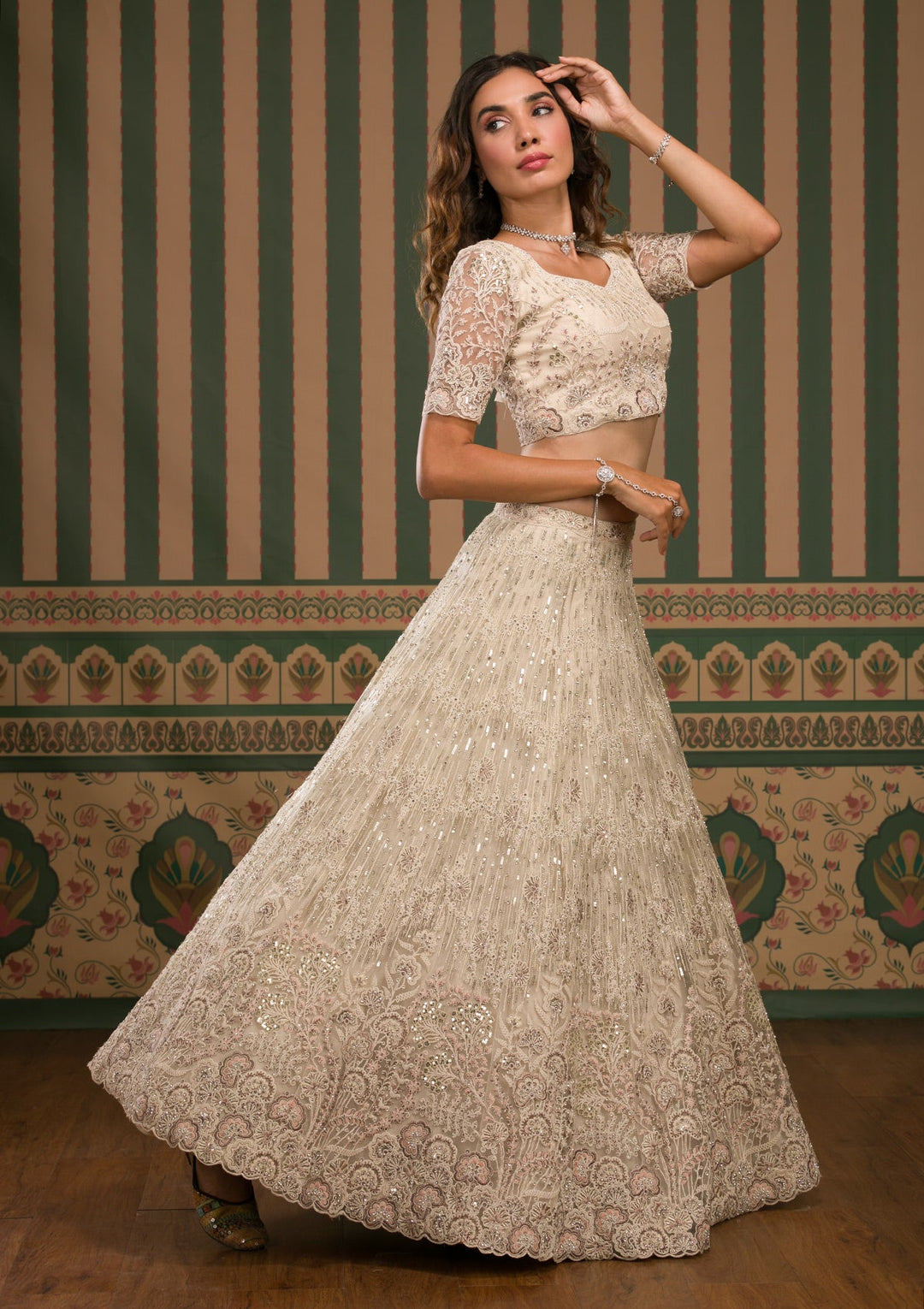 Cream Sequins Net Semi Stitched Lehenga