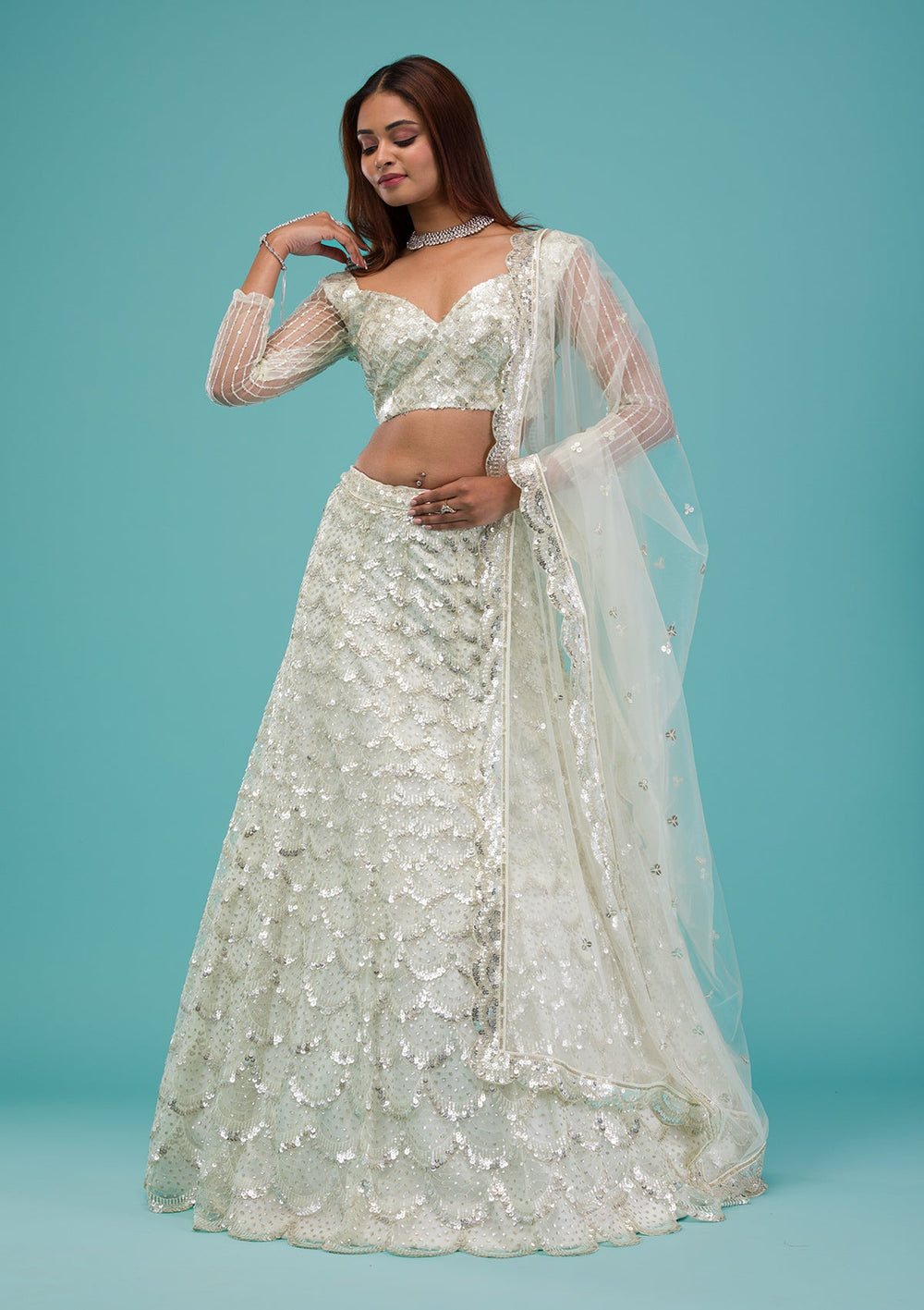 Cream Sequins Net Readymade Lehenga-Koskii