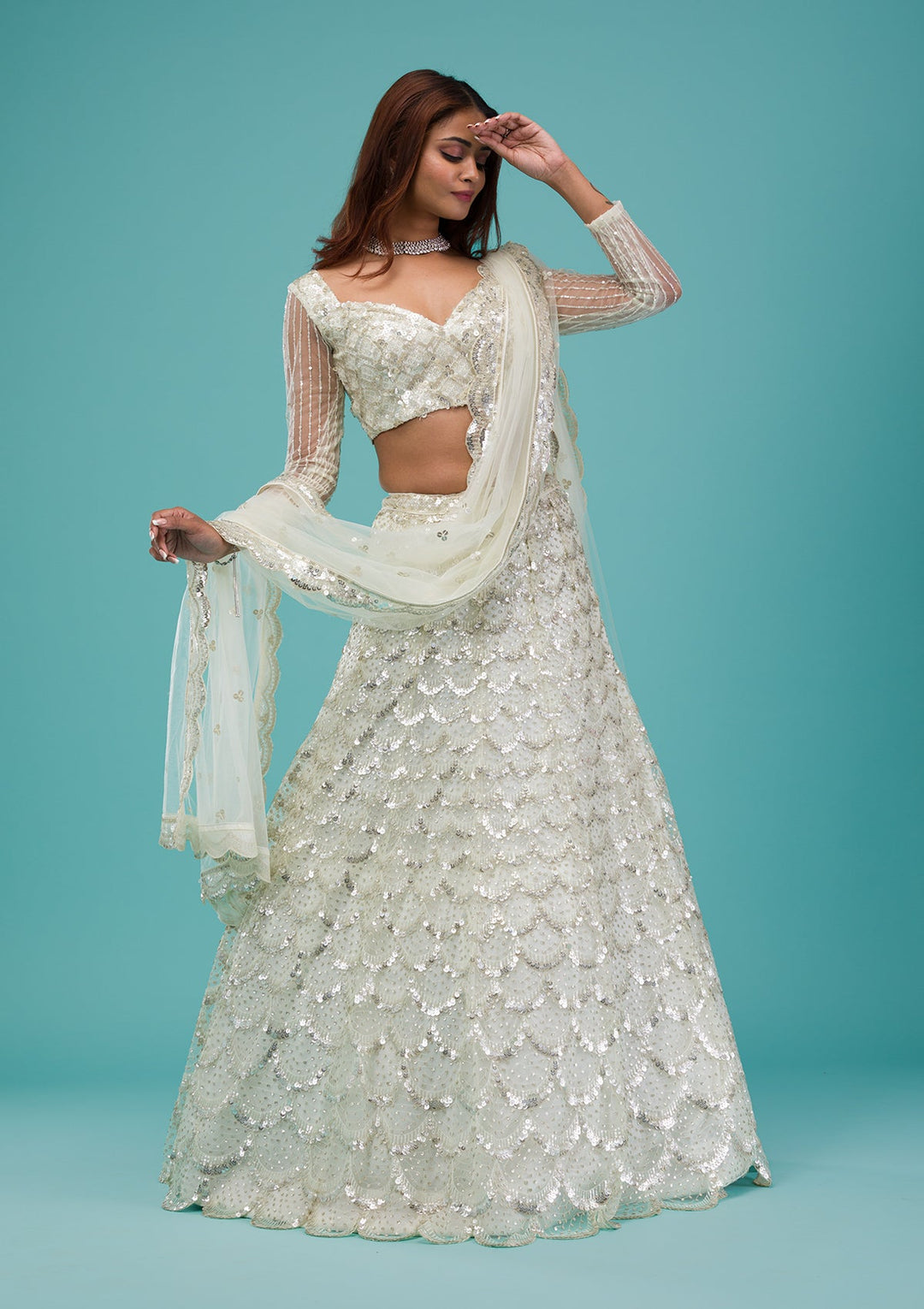 Cream Sequins Net Readymade Lehenga-Koskii