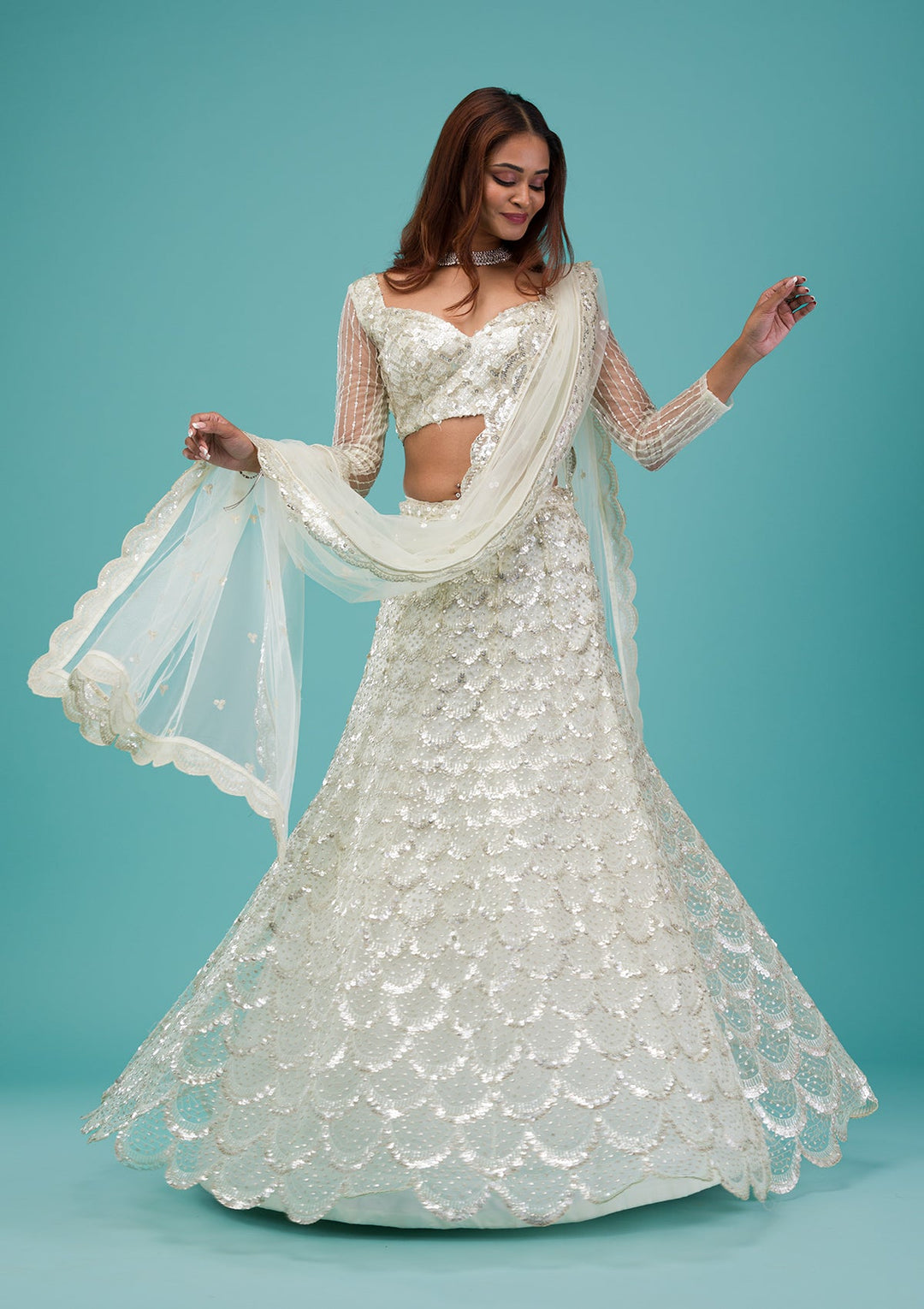 Cream Sequins Net Readymade Lehenga-Koskii