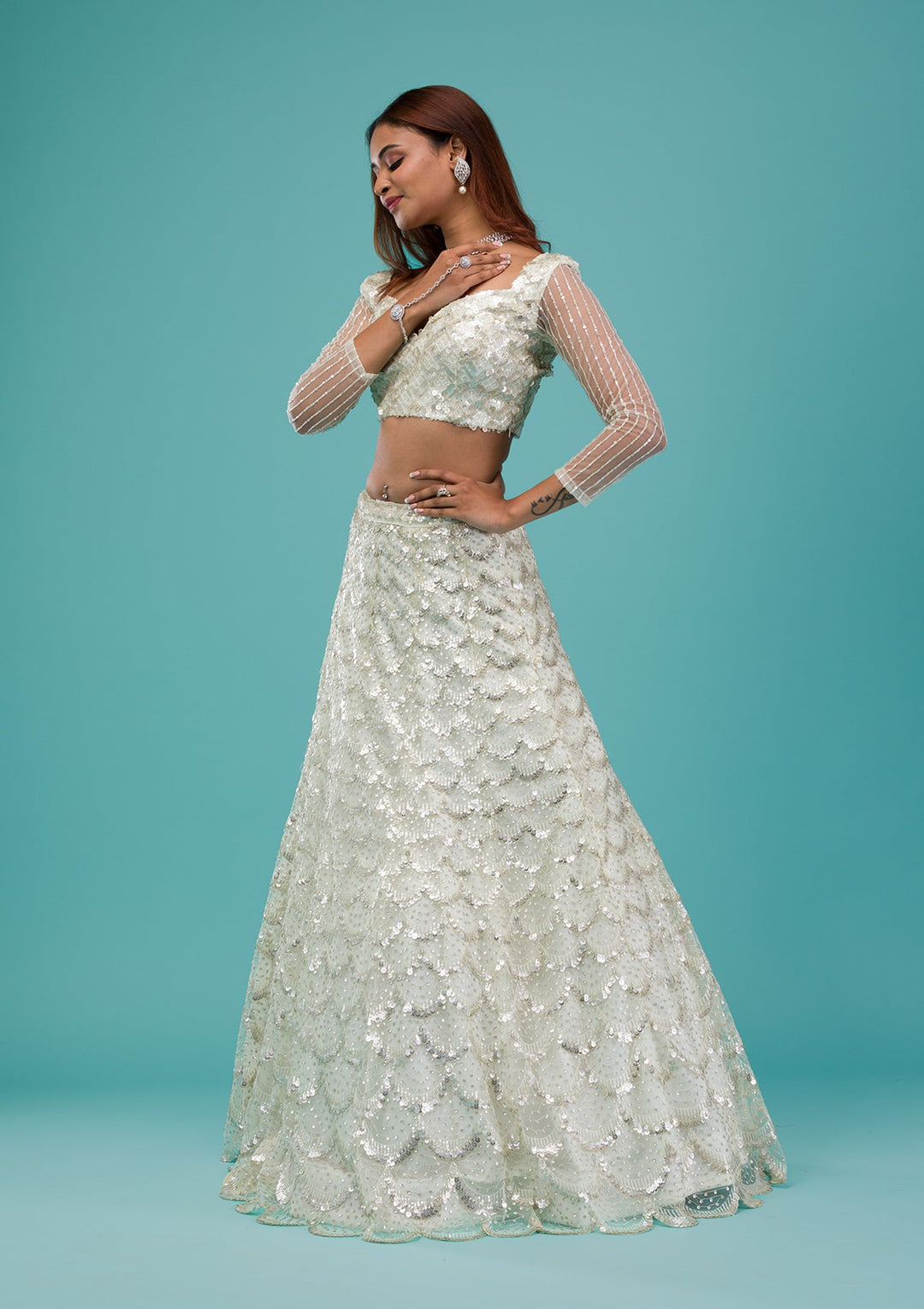 Cream Sequins Net Readymade Lehenga-Koskii