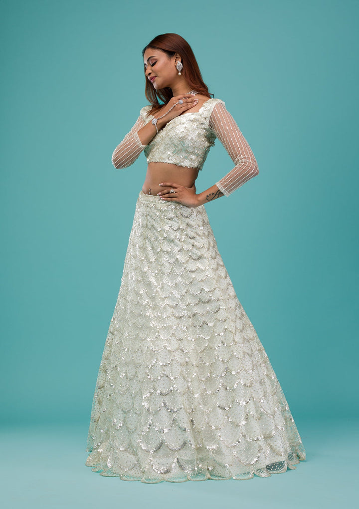 Cream Sequins Net Readymade Lehenga-Koskii