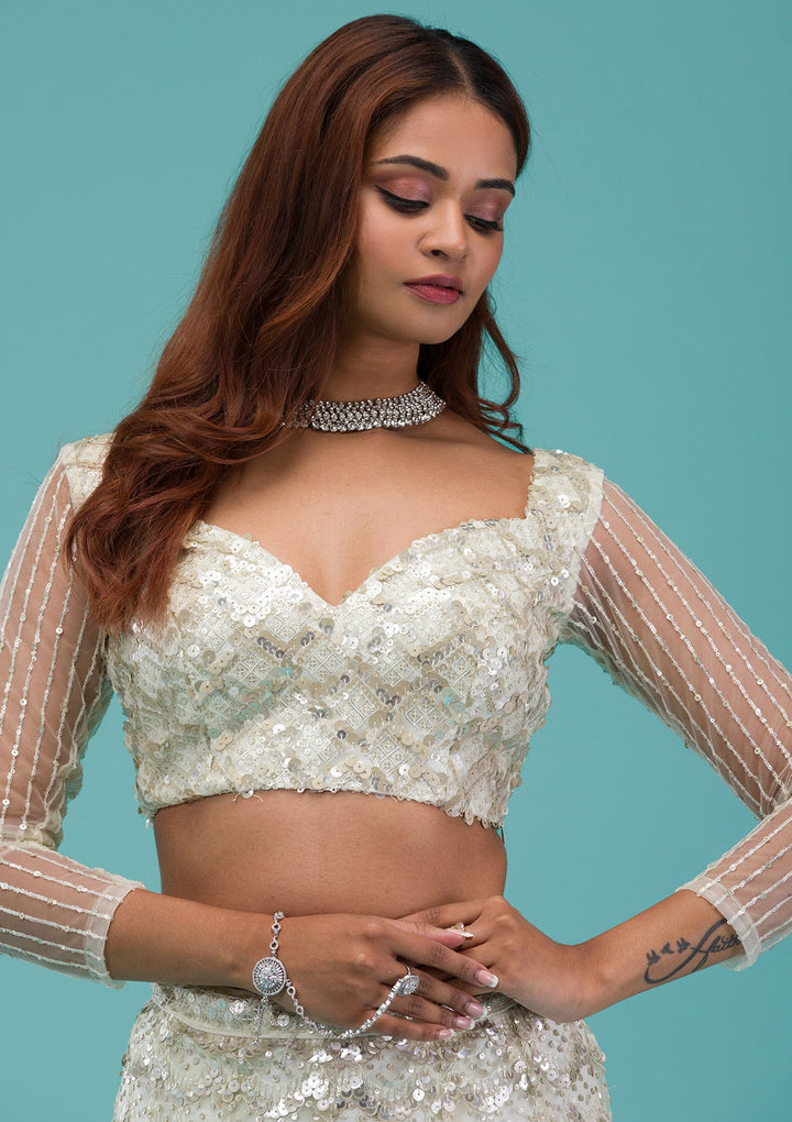 Cream Sequins Net Readymade Lehenga-Koskii