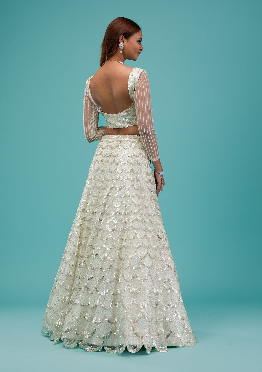 Cream Sequins Net Readymade Lehenga-Koskii