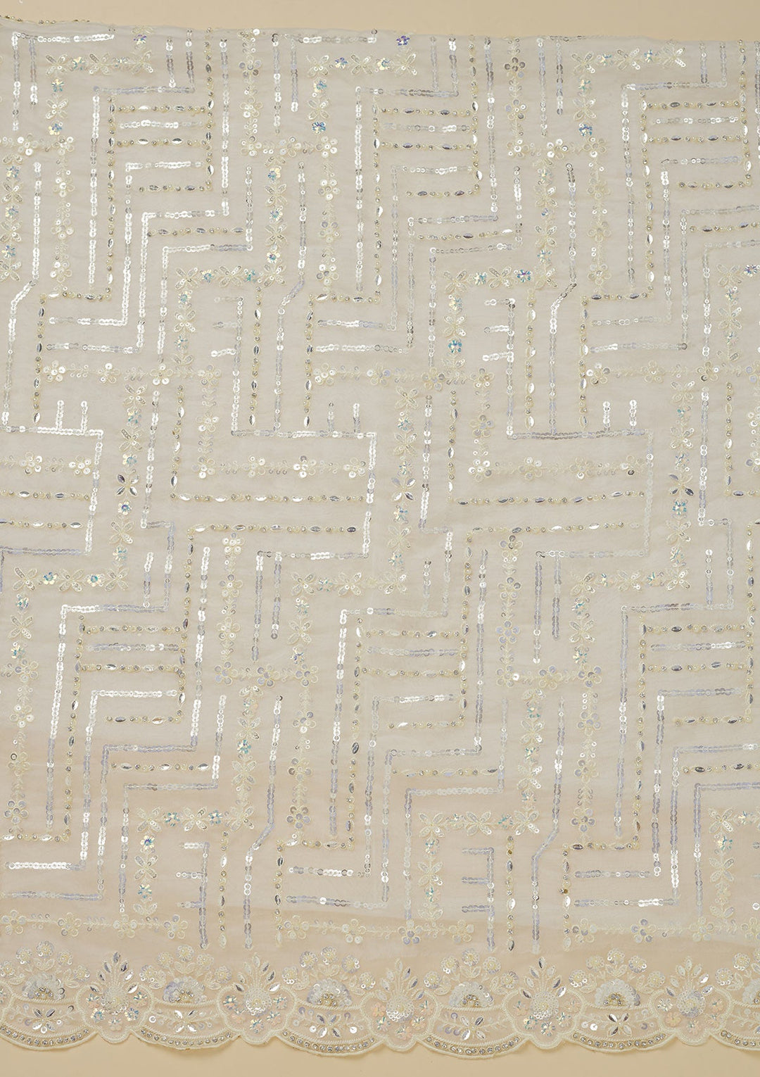 Cream Sequins Organza Unstitched Salwar Suit-Koskii