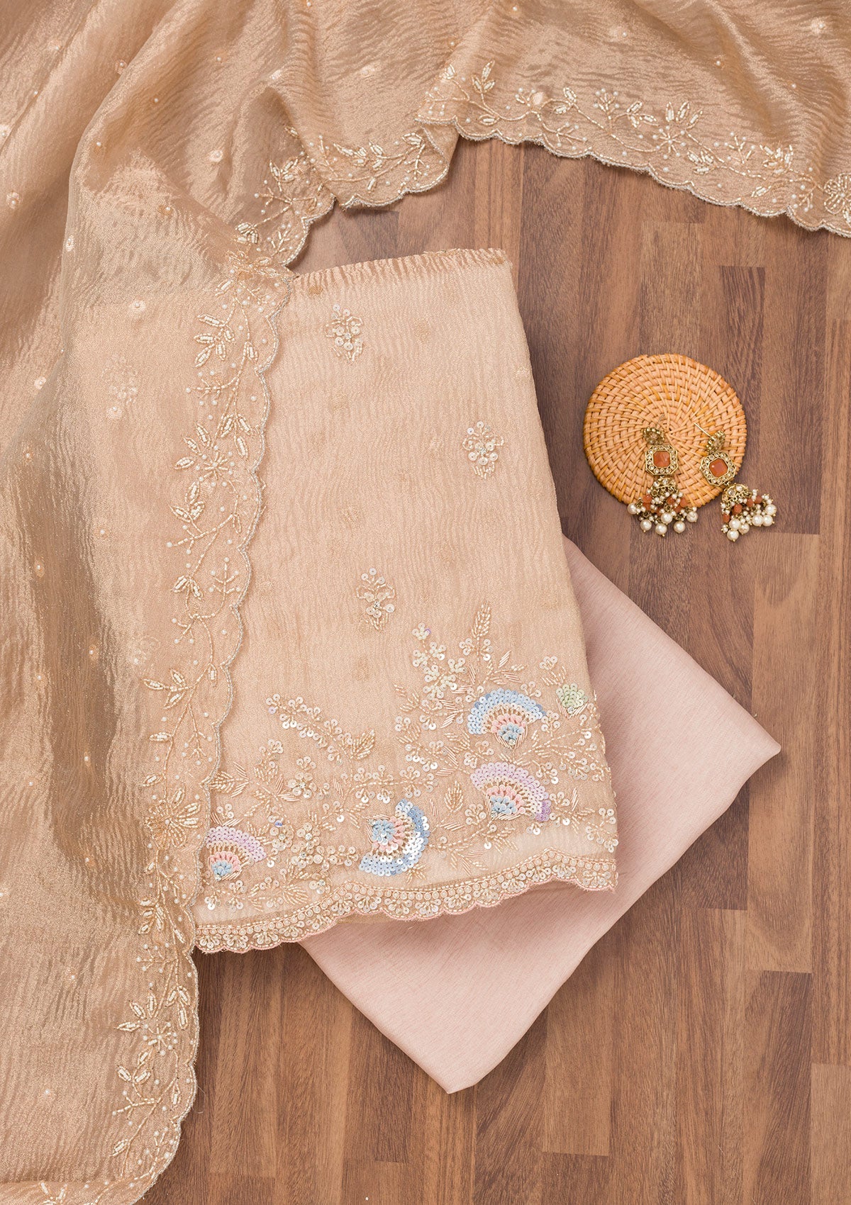 Cream Sequins Tissue Unstitched Salwar Suit-Koskii