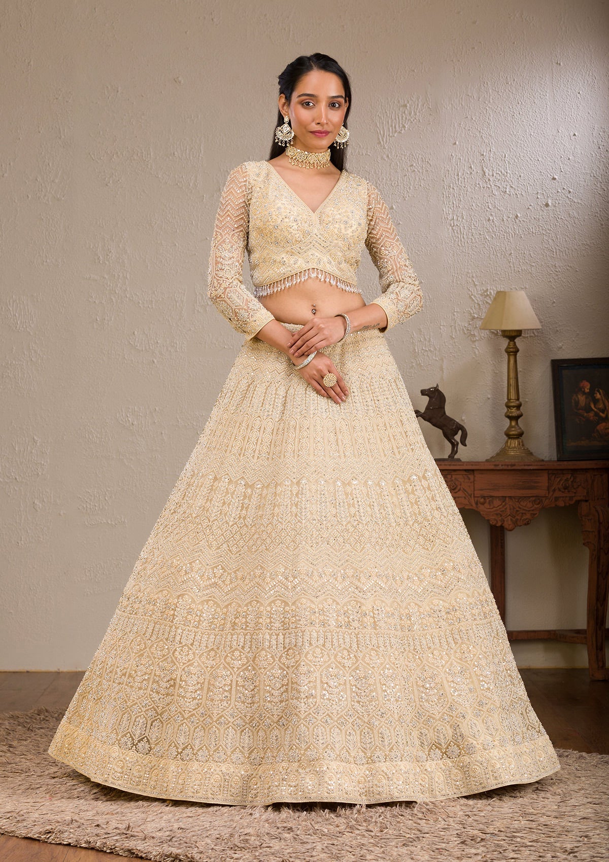 Cream Silver Stonework Net Readymade Lehenga-Koskii