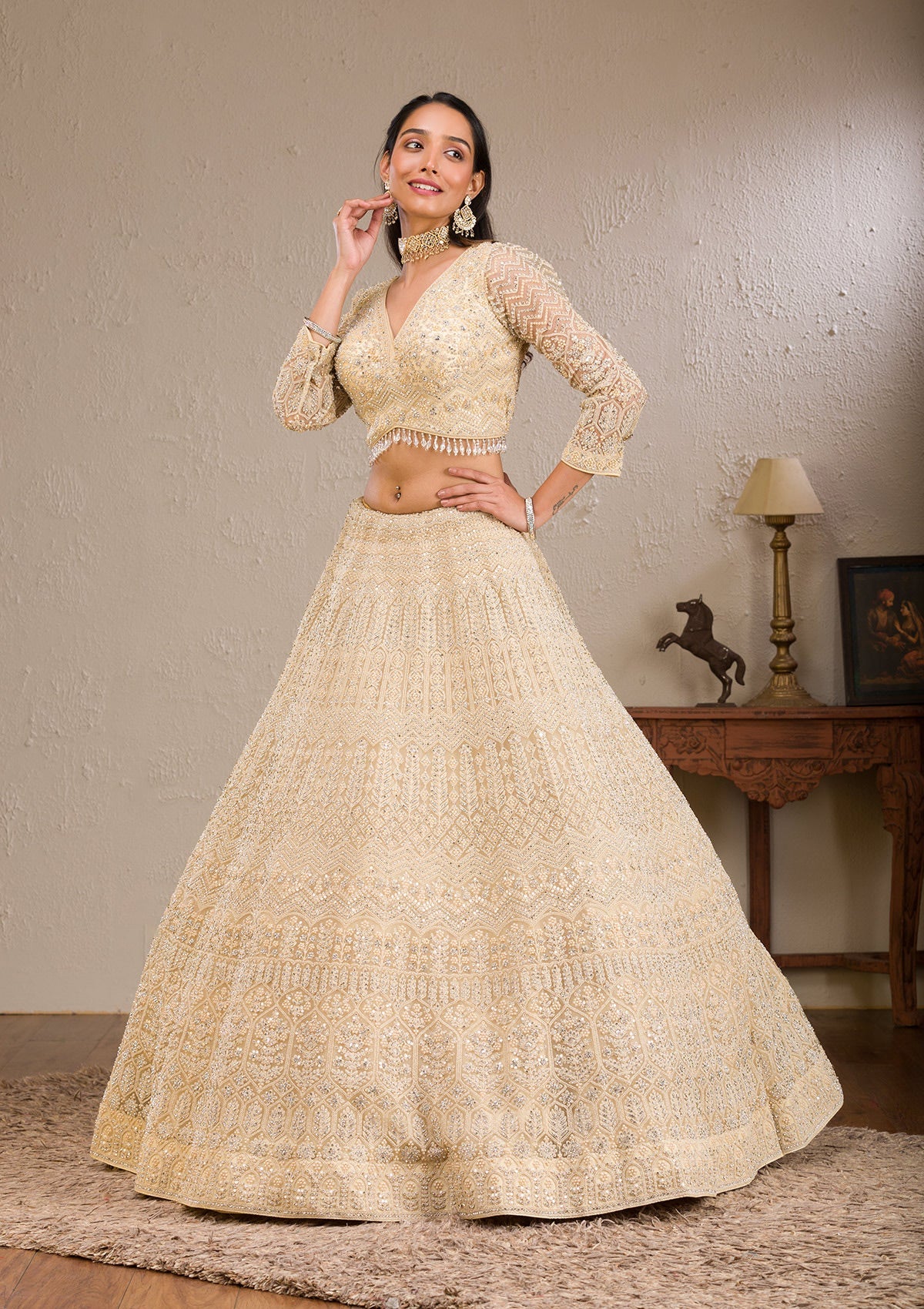 Cream Silver Stonework Net Readymade Lehenga-Koskii