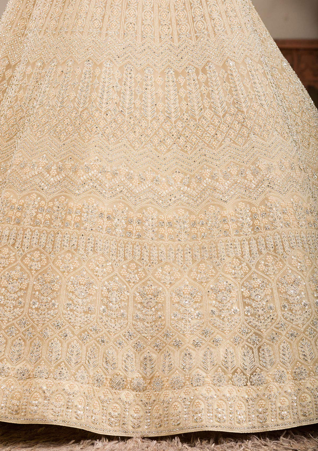 Cream Silver Stonework Net Readymade Lehenga-Koskii
