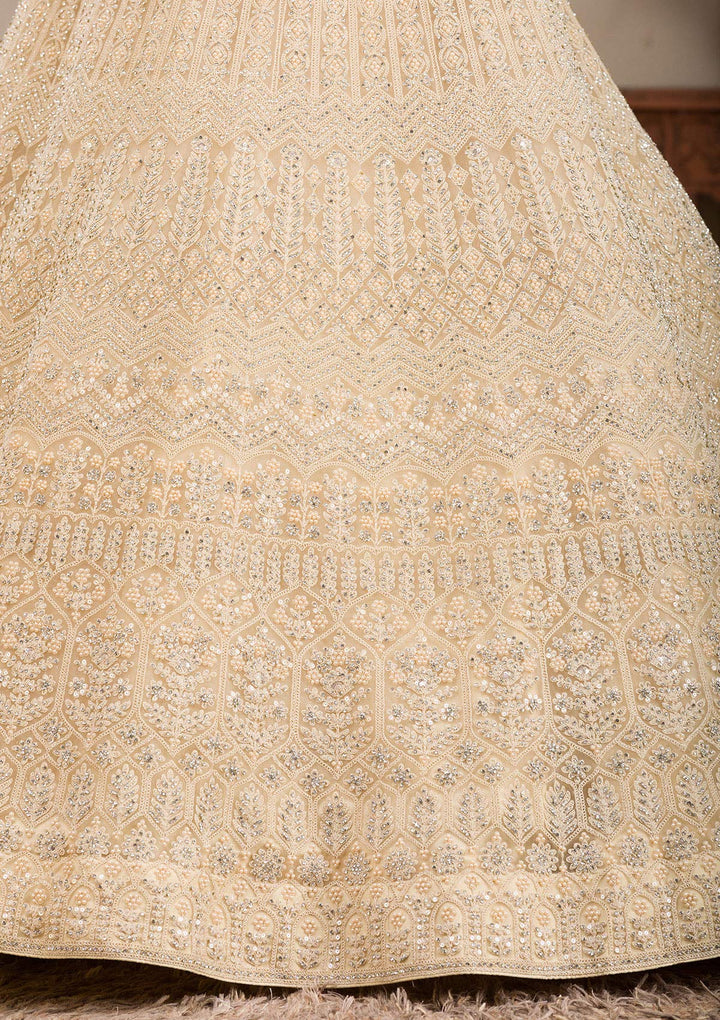 Cream Silver Stonework Net Readymade Lehenga-Koskii