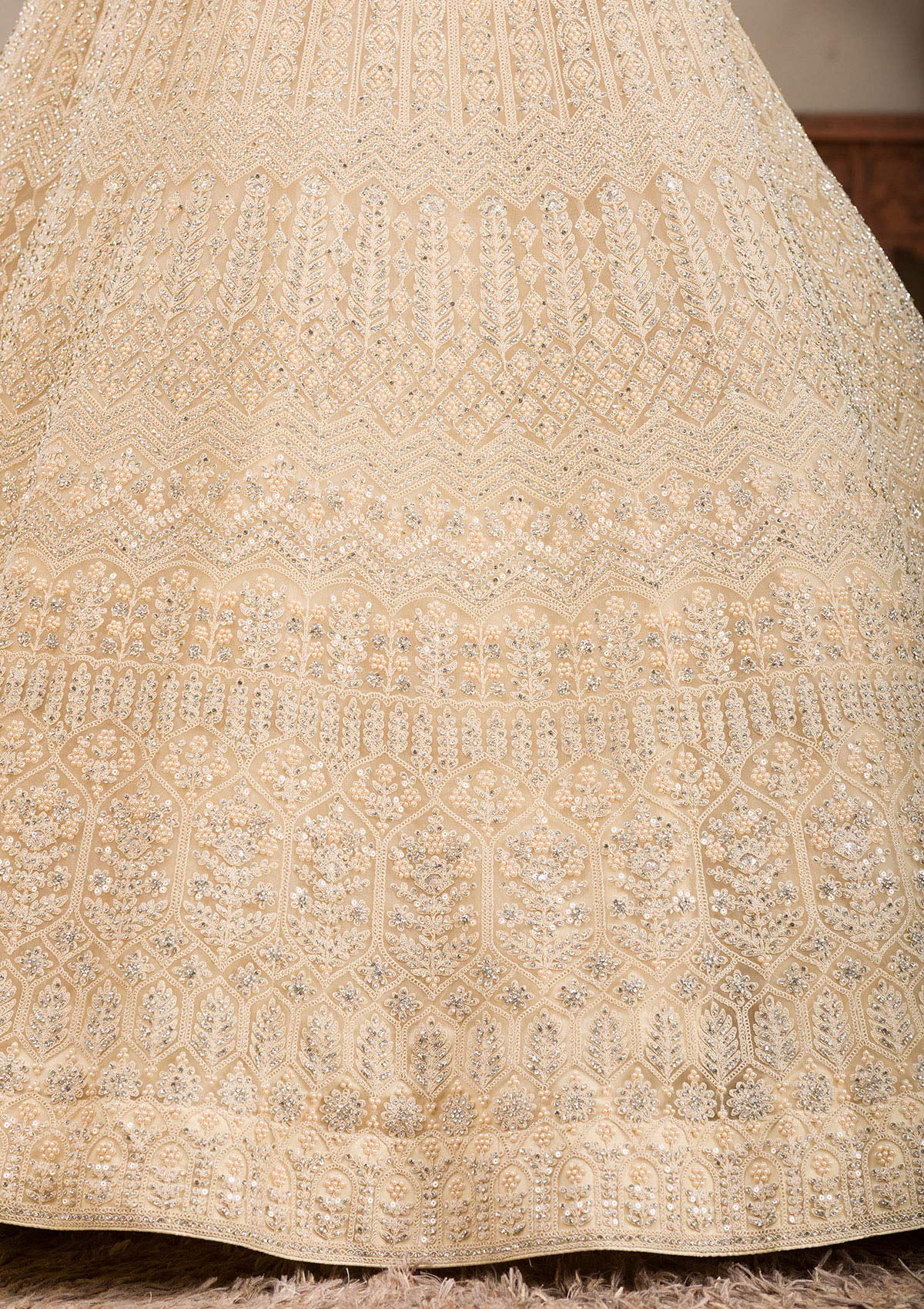 Cream Silver Stonework Net Readymade Lehenga-Koskii