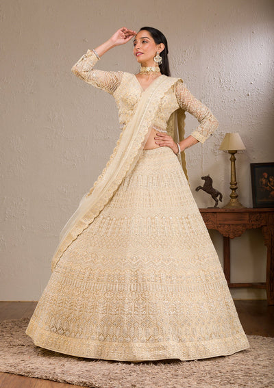 Cream Silver Stonework Net Readymade Lehenga-Koskii