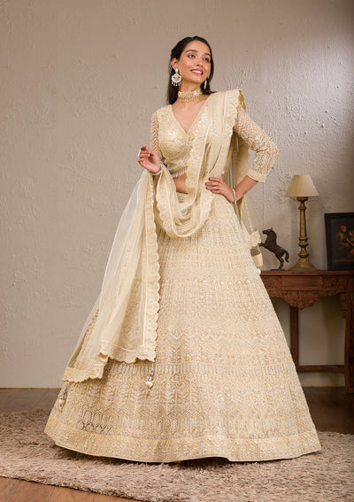 Cream Silver Stonework Net Readymade Lehenga-Koskii