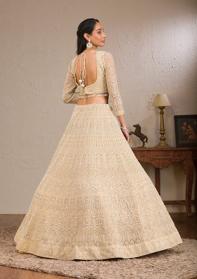 Cream Silver Stonework Net Readymade Lehenga-Koskii