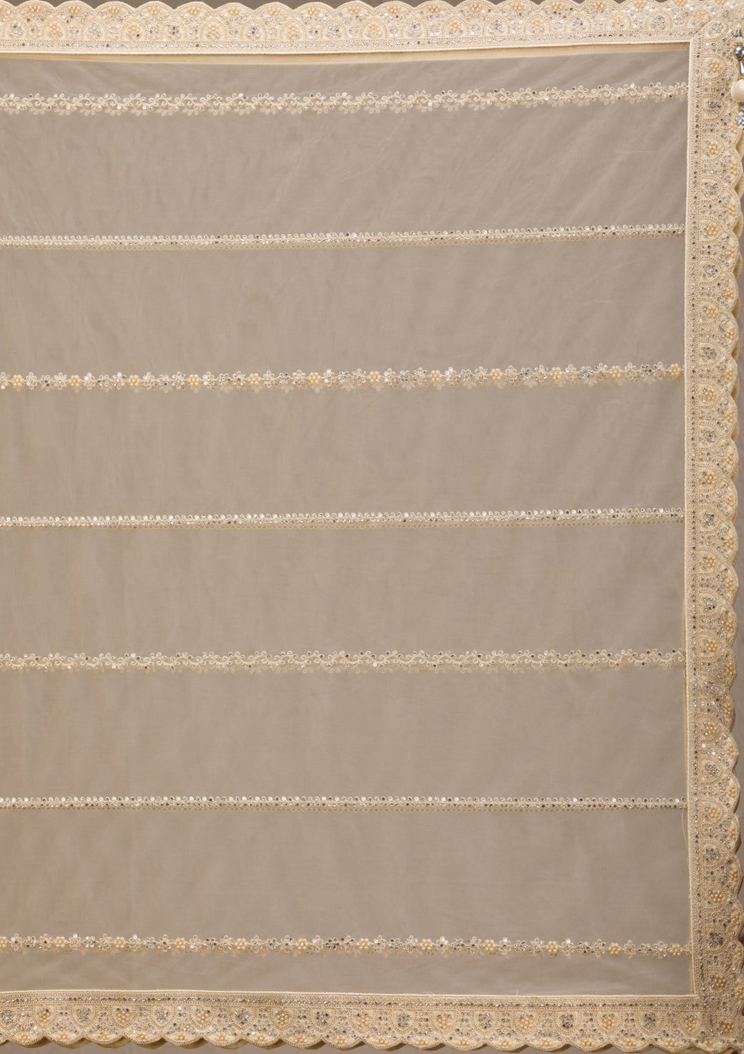 Cream Silver Stonework Net Readymade Lehenga-Koskii