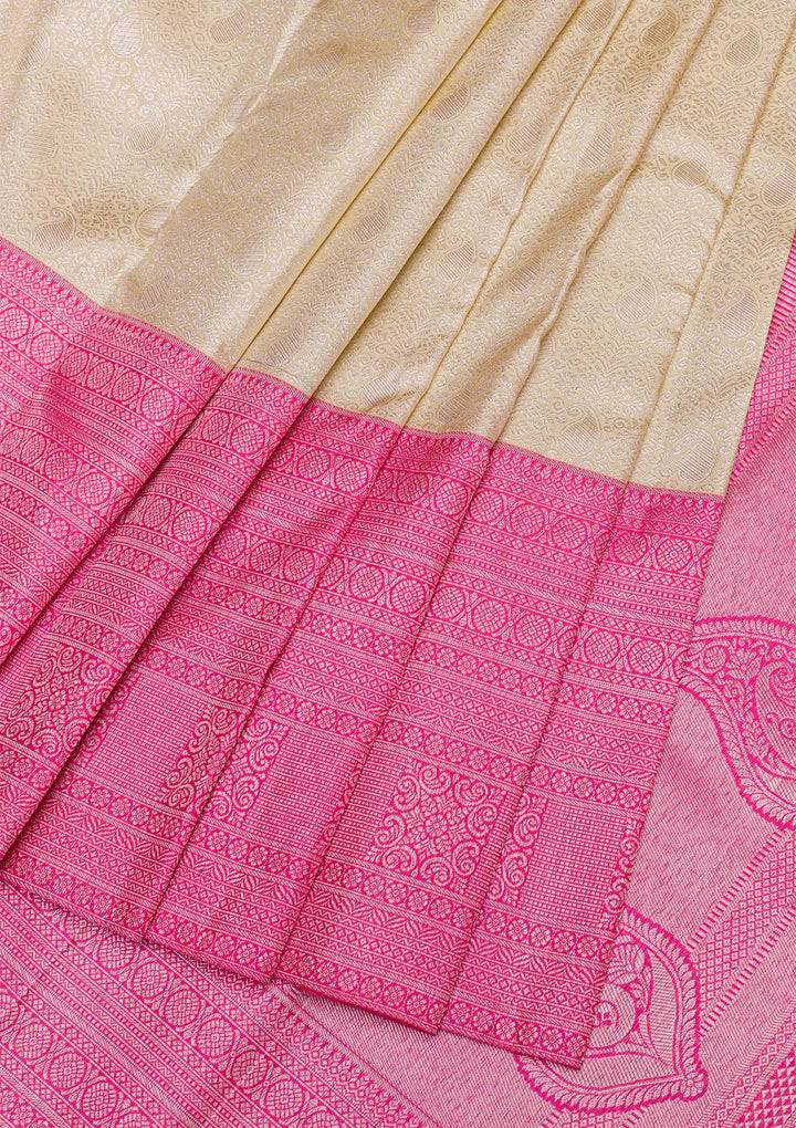 Cream Silver Zariwork Pure Silk Saree-Koskii