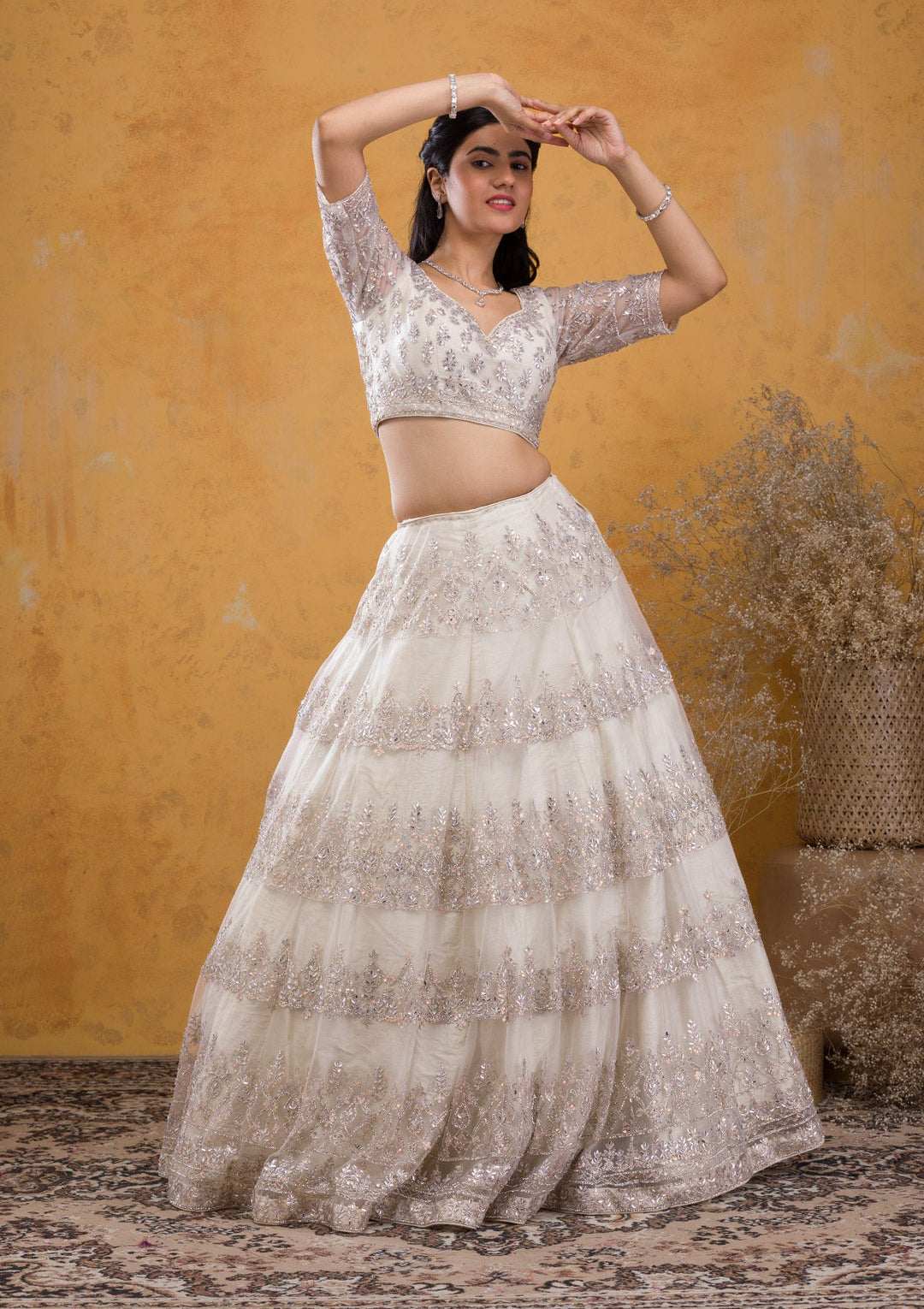 Cream Stonework Net Readymade Lehenga-Koskii