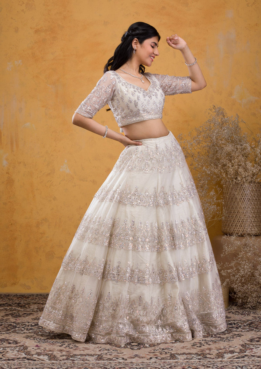 Cream Stonework Net Readymade Lehenga-Koskii