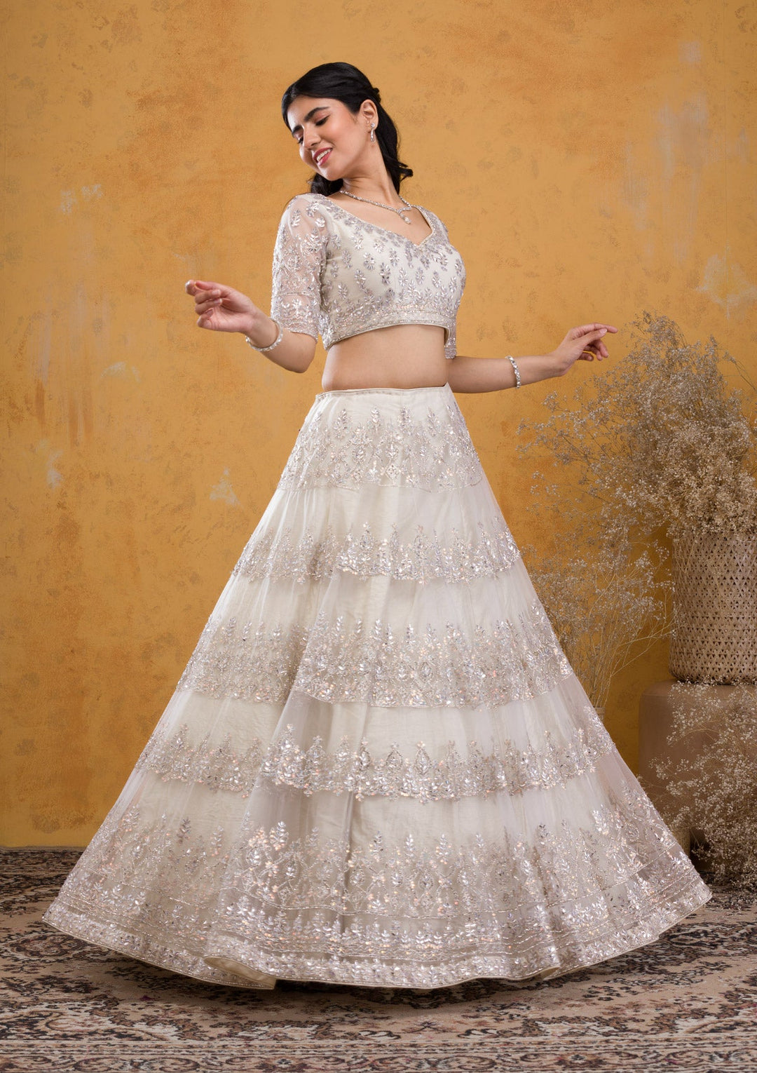 Cream Stonework Net Readymade Lehenga-Koskii
