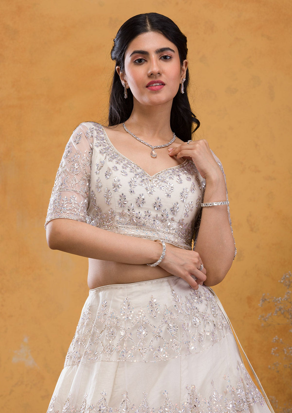 Cream Stonework Net Readymade Lehenga-Koskii