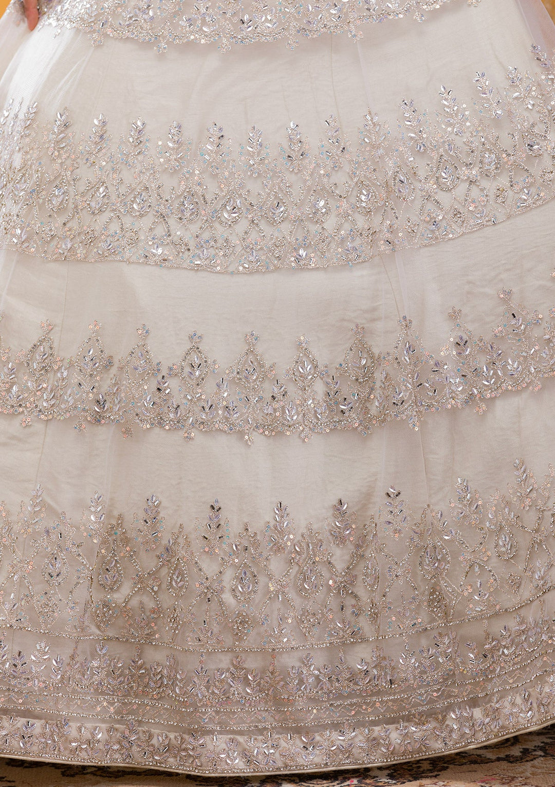 Cream Stonework Net Readymade Lehenga-Koskii