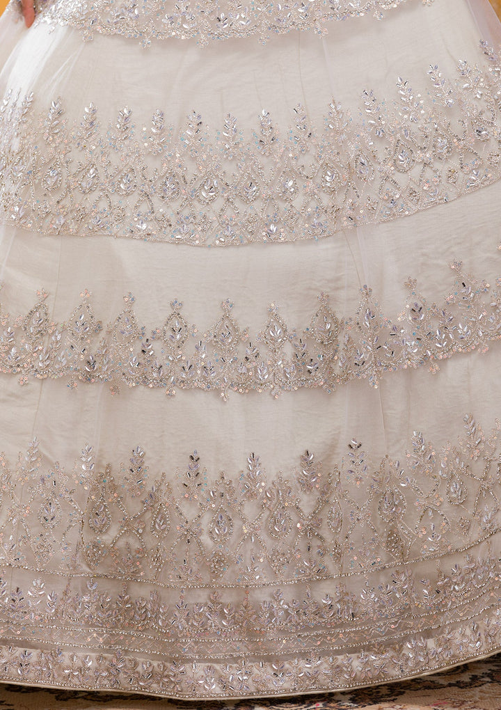 Cream Stonework Net Readymade Lehenga-Koskii