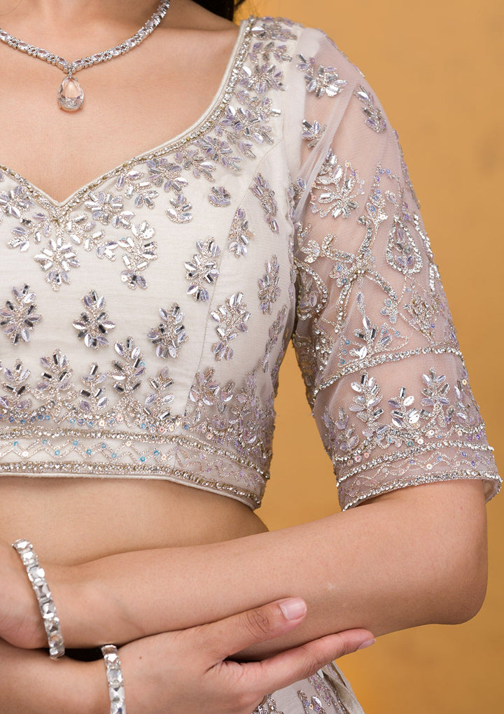 Cream Stonework Net Readymade Lehenga-Koskii