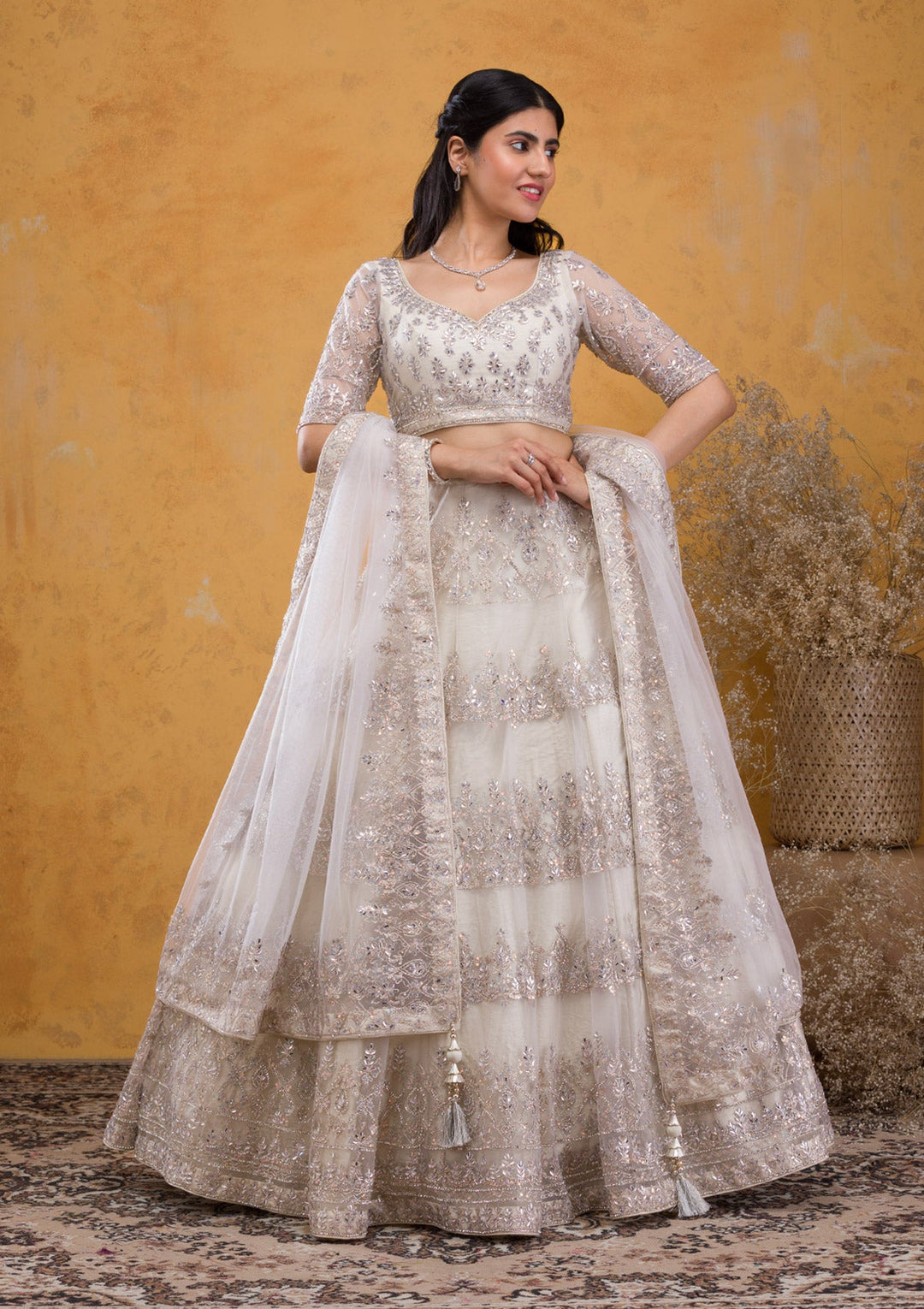 Cream Stonework Net Readymade Lehenga-Koskii