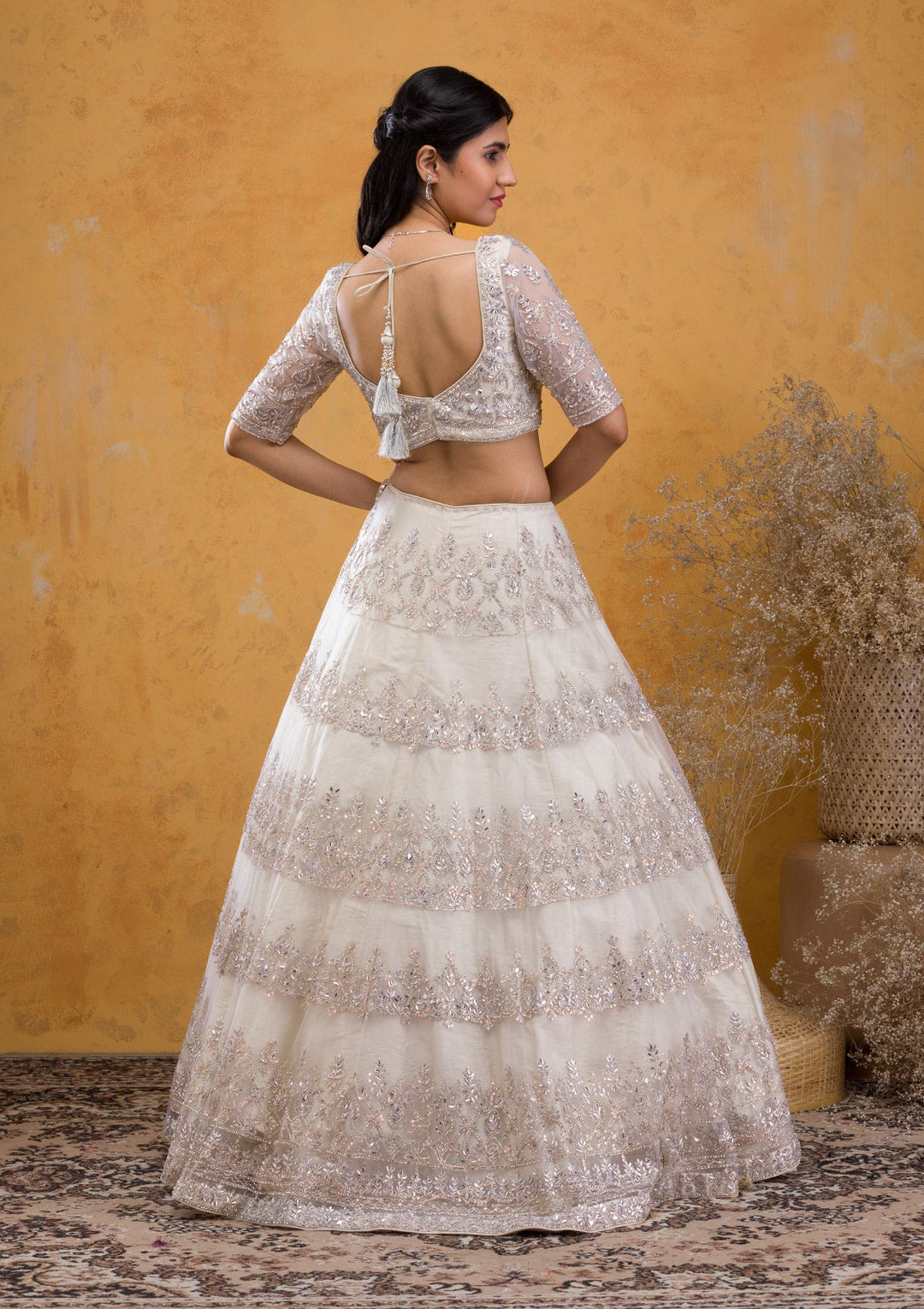 Cream Stonework Net Readymade Lehenga-Koskii