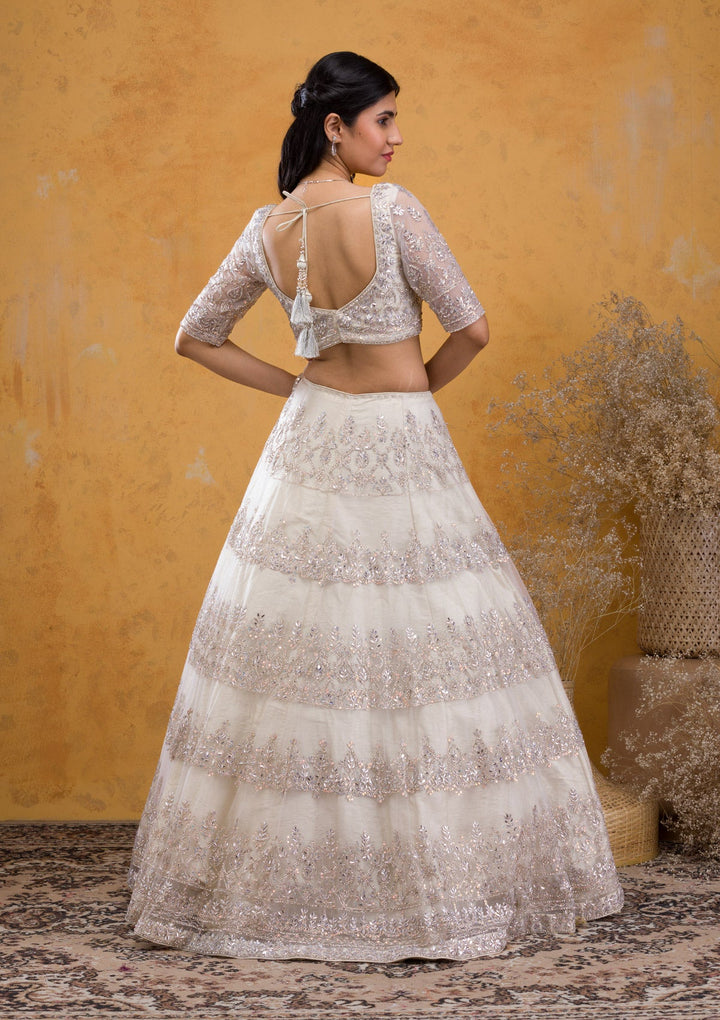 Cream Stonework Net Readymade Lehenga-Koskii