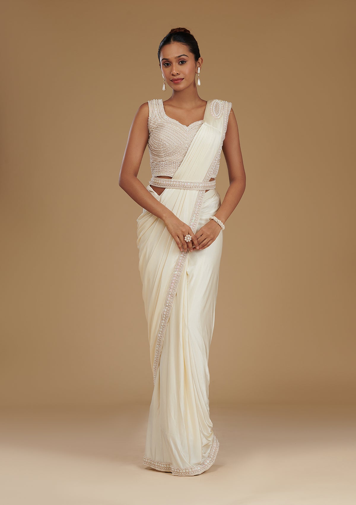 Cream Stonework Satin Readymade Saree-Koskii