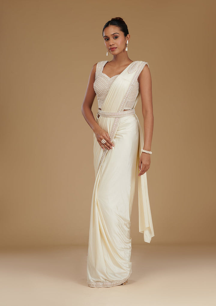 Cream Stonework Satin Readymade Saree-Koskii