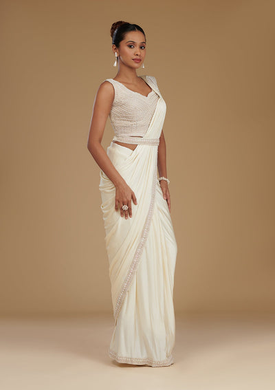 Cream Stonework Satin Readymade Saree-Koskii