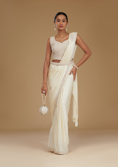 Cream Stonework Satin Readymade Saree-Koskii