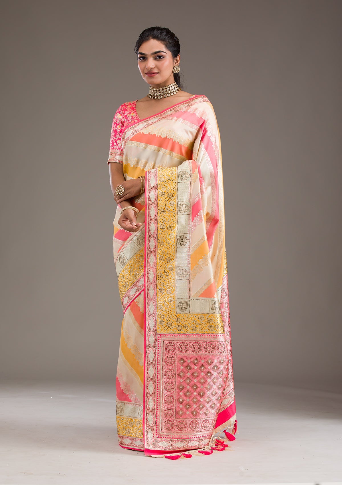 Cream Swarovski Raw Silk Saree-Koskii