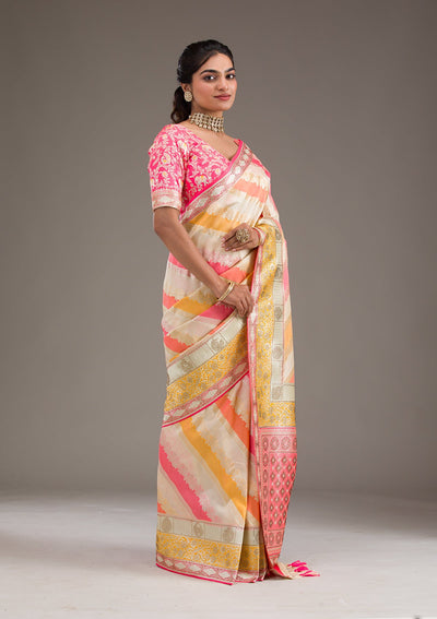 Cream Swarovski Raw Silk Saree-Koskii