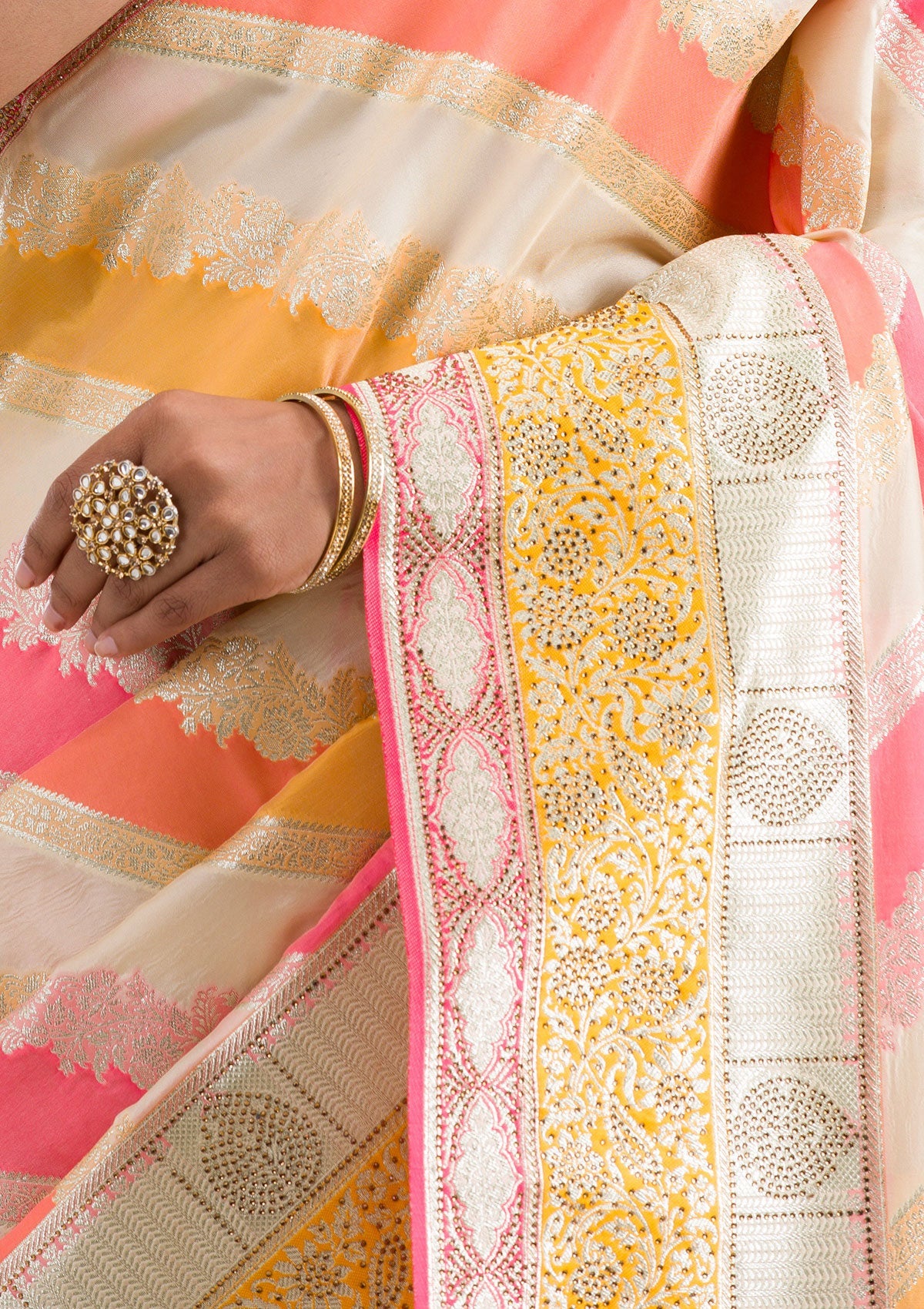 Cream Swarovski Raw Silk Saree-Koskii