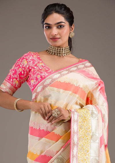 Cream Swarovski Raw Silk Saree-Koskii