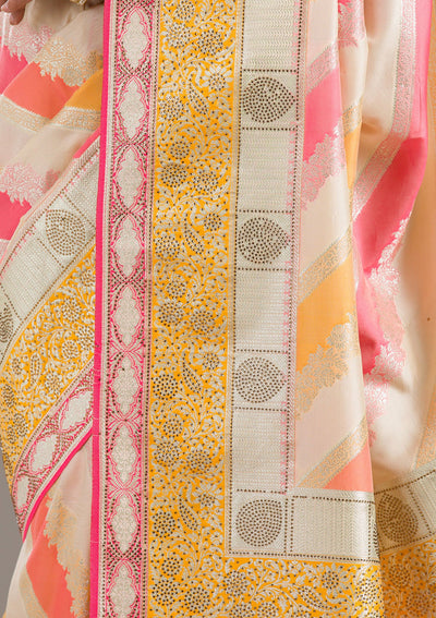 Cream Swarovski Raw Silk Saree-Koskii