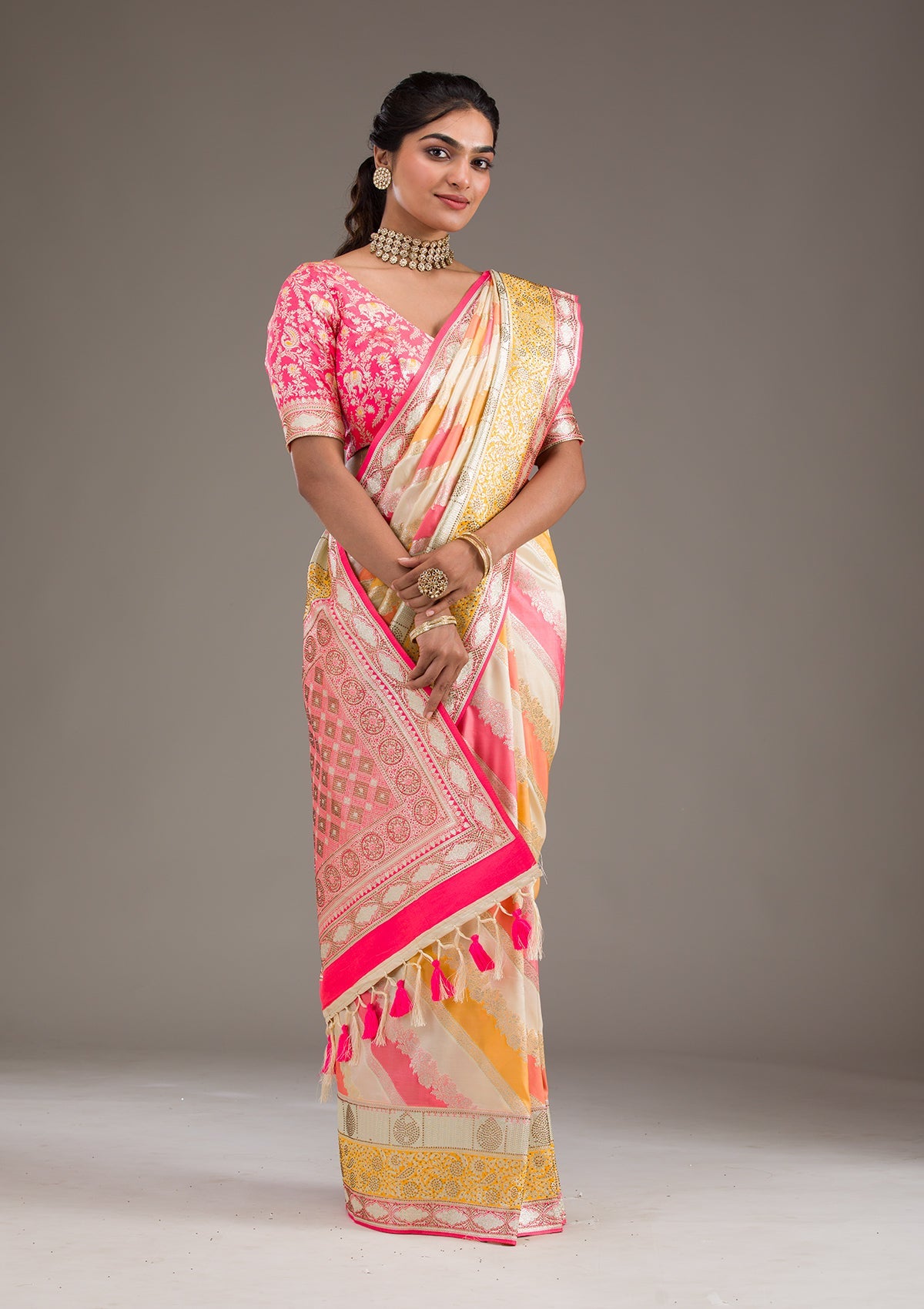 Cream Swarovski Raw Silk Saree-Koskii