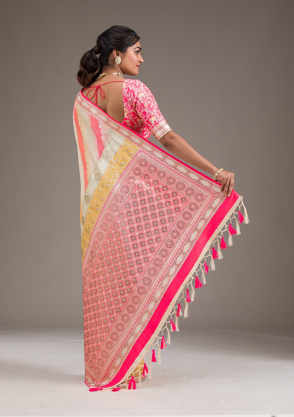 Cream Swarovski Raw Silk Saree-Koskii