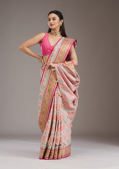 Cream Threadwork Art Silk Saree-Koskii