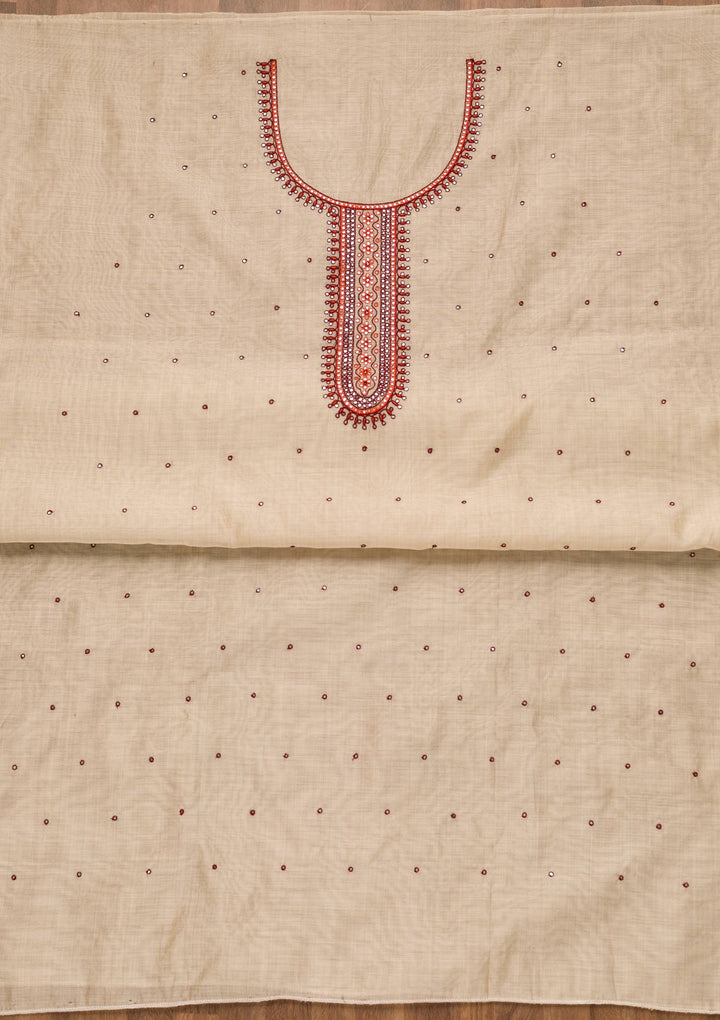 Cream Threadwork Chanderi Unstitched Salwar Suit-Koskii
