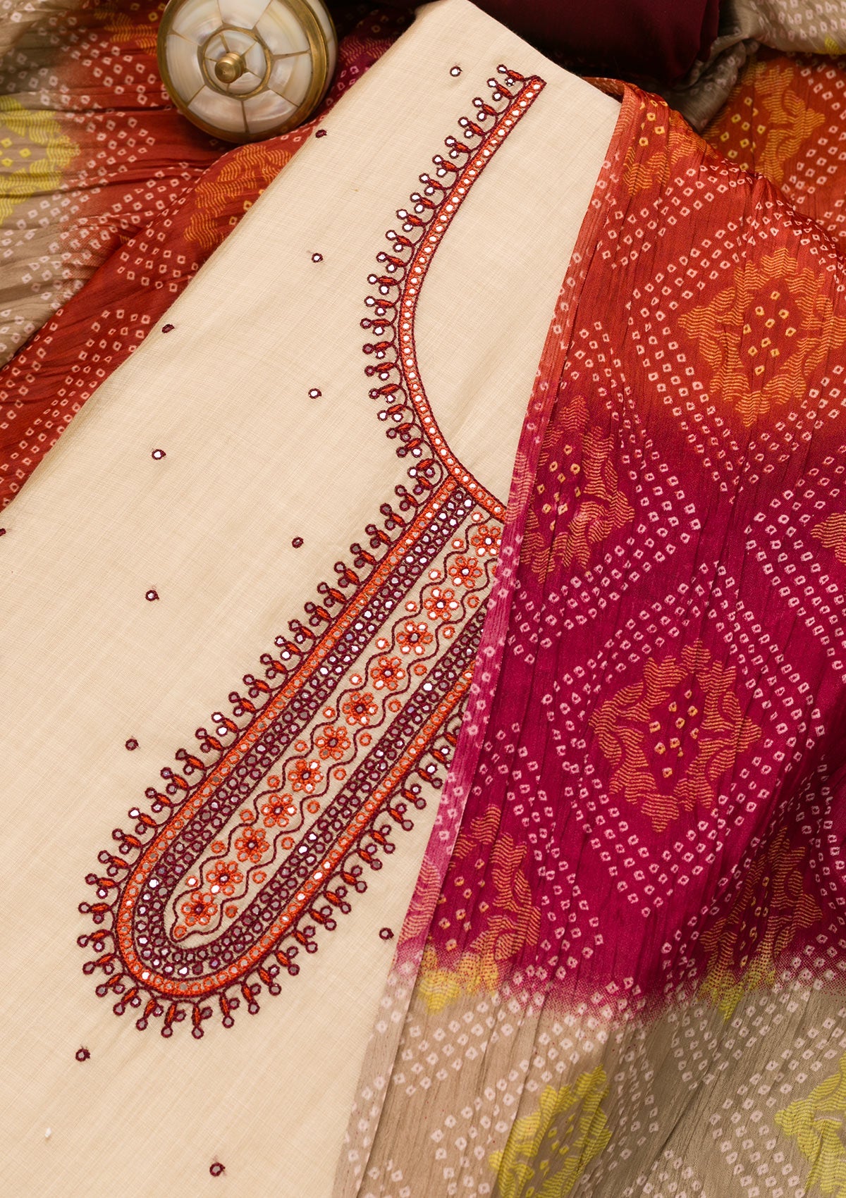 Cream Threadwork Chanderi Unstitched Salwar Suit-Koskii