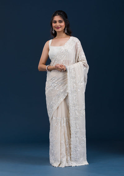 Cream Threadwork Chiffon Saree-Koskii