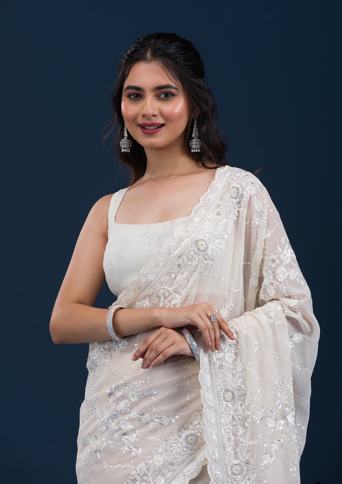 Cream Threadwork Chiffon Saree-Koskii