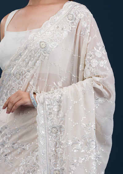 Cream Threadwork Chiffon Saree-Koskii