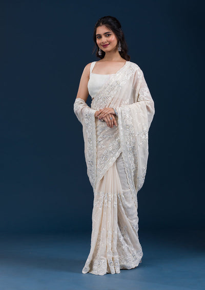 Cream Threadwork Chiffon Saree-Koskii